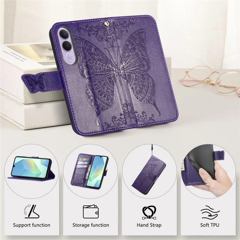 For vivo V70 FE 5G Case with Strap Butterfly Pattern PU Leather Wallet Phone Cover - Dark Purple - 7