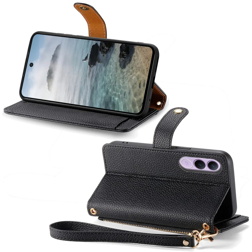 For vivo V70 FE 5G Case RFID Blocking Zipper Pocket Leather Wallet Phone Cover with Strap - Black - 3
