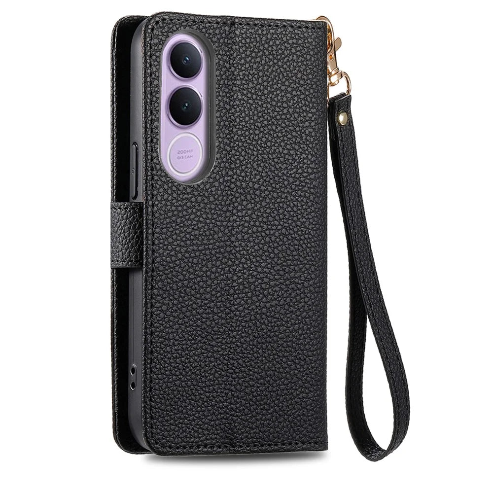 For vivo V70 FE 5G Case RFID Blocking Zipper Pocket Leather Wallet Phone Cover with Strap - Black - 6