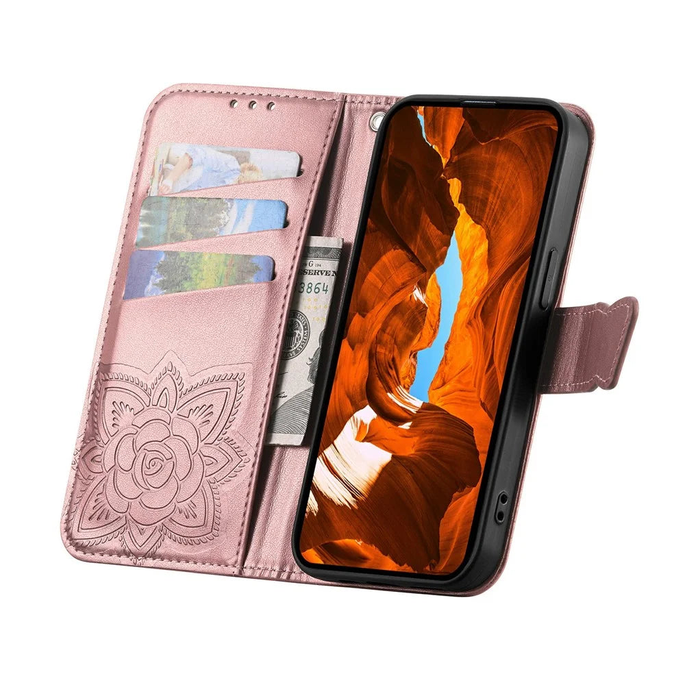 For Natural AI Phone Case with Strap Butterfly Pattern PU Leather Wallet Phone Cover - Rose Gold - 2