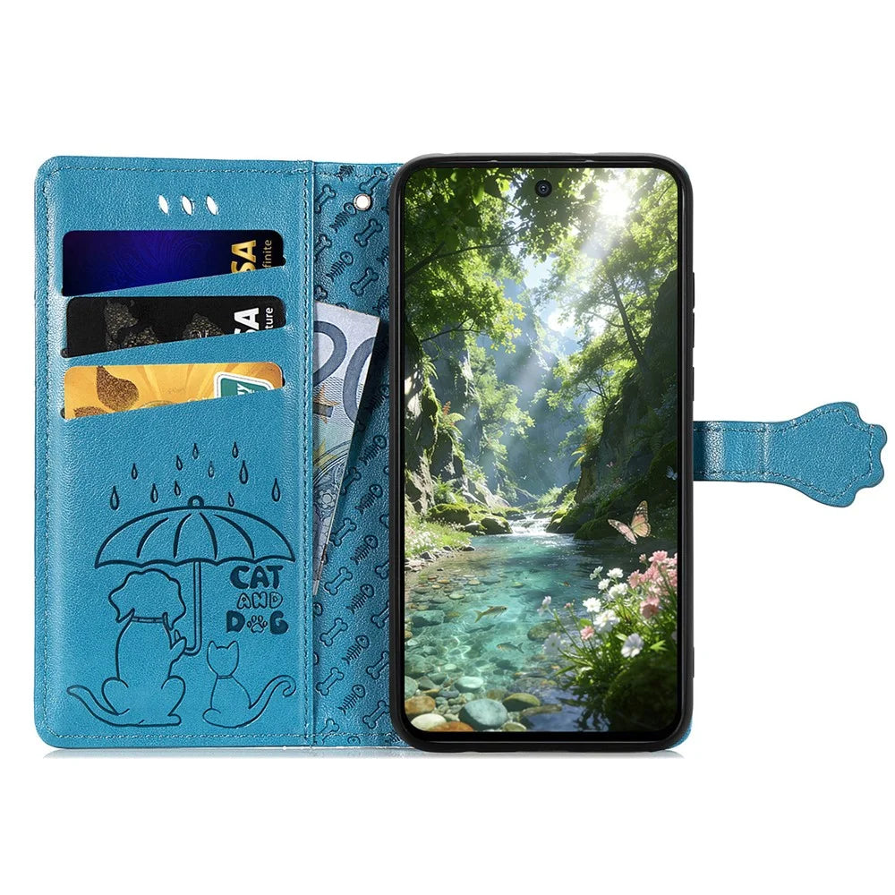 For Natural AI Phone Case Flip Wallet Leather Phone Cover with Cute Cat Dog Pattern - Blue - 2