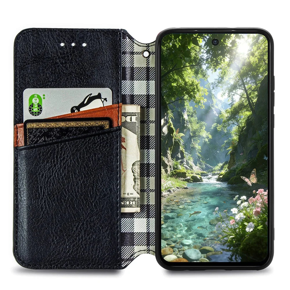 For Natural AI Phone Case Rhombus Imprint PU Leather Wallet Phone Cover - Black - 2