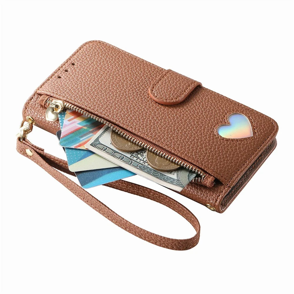 For Natural AI Phone Case Zipper Pocket TPU PU Leather Wallet Phone Cover with Strap - Brown - 3