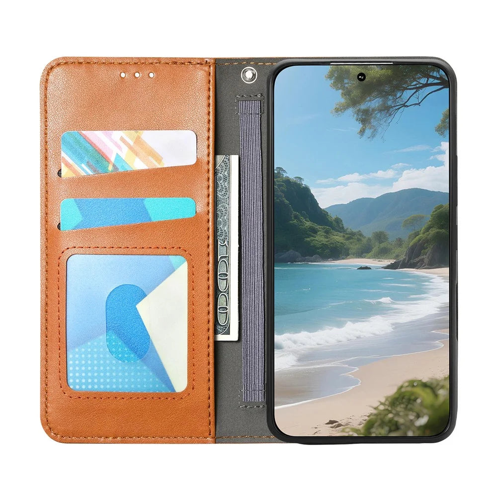 For Natural AI Phone Case Wallet Tri-Color Stitching Leather Phone Cover with Elastic Wristband - Brown - 2