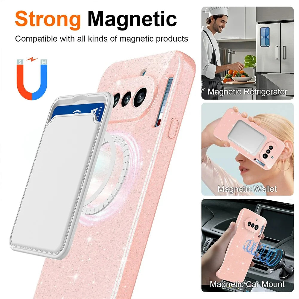 For Nothing Phone (4a) Magnetic Case Glitter TPU Shockproof Phone Cover with Lanyard - Pink - 4