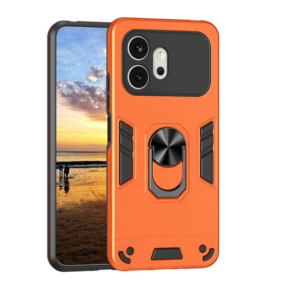 WANLONFENG YS Series for Honor 600 5G Case Kicktand Shockproof PC TPU Phone Cover with 2Pcs Tempered Glass Film - Orange - 2