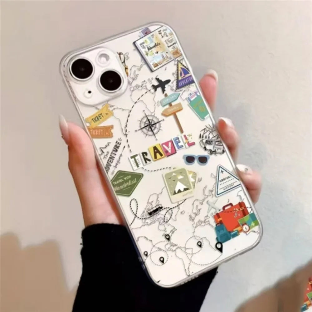 For iPhone 14 Case Travel Map Aircraft Pattern Clear TPU Shockproof Phone Cover - Transparent - 2