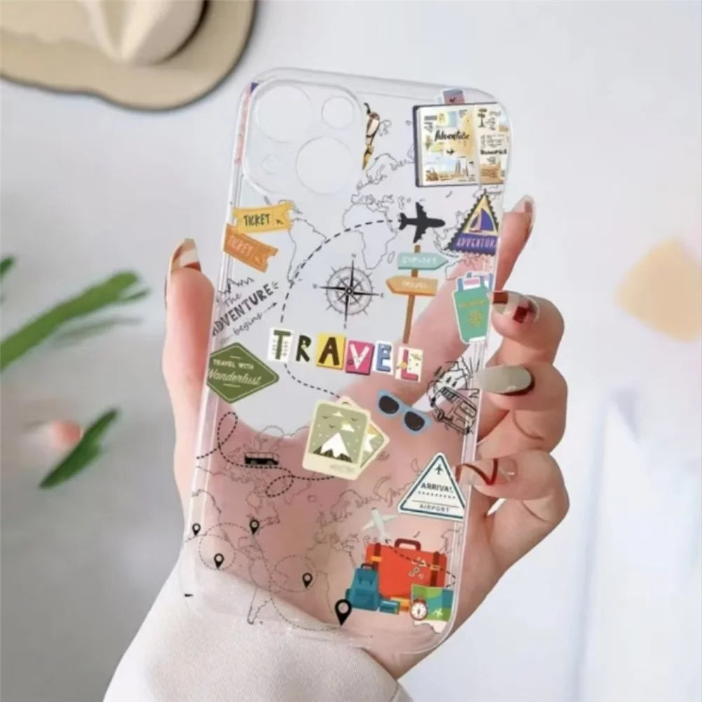 For iPhone 14 Case Travel Map Aircraft Pattern Clear TPU Shockproof Phone Cover - Transparent - 3