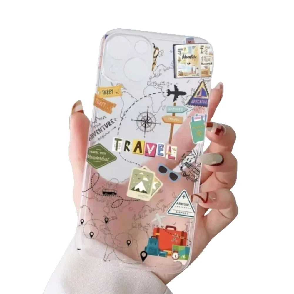 For iPhone 14 Case Travel Map Aircraft Pattern Clear TPU Shockproof Phone Cover - Transparent - 5