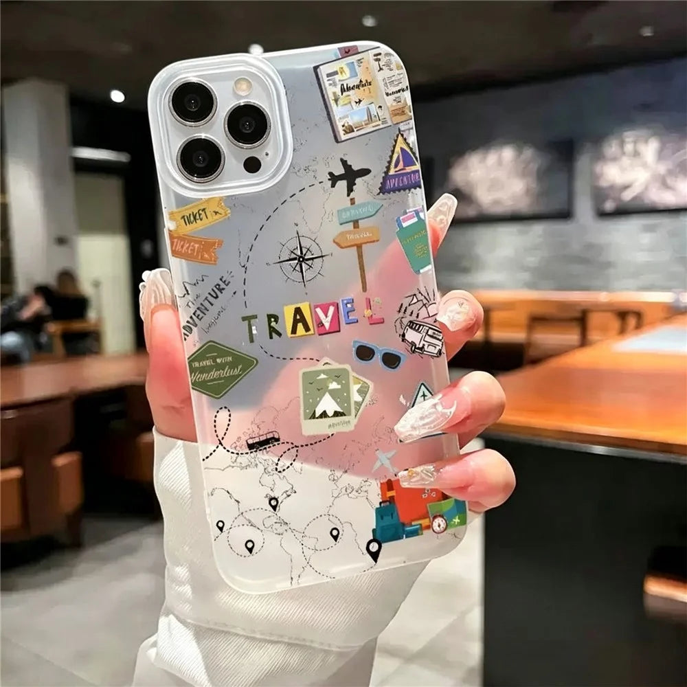 For iPhone 16 Pro Max Case Travel Map Aircraft Pattern Clear TPU Shockproof Phone Cover - Transparent - 2