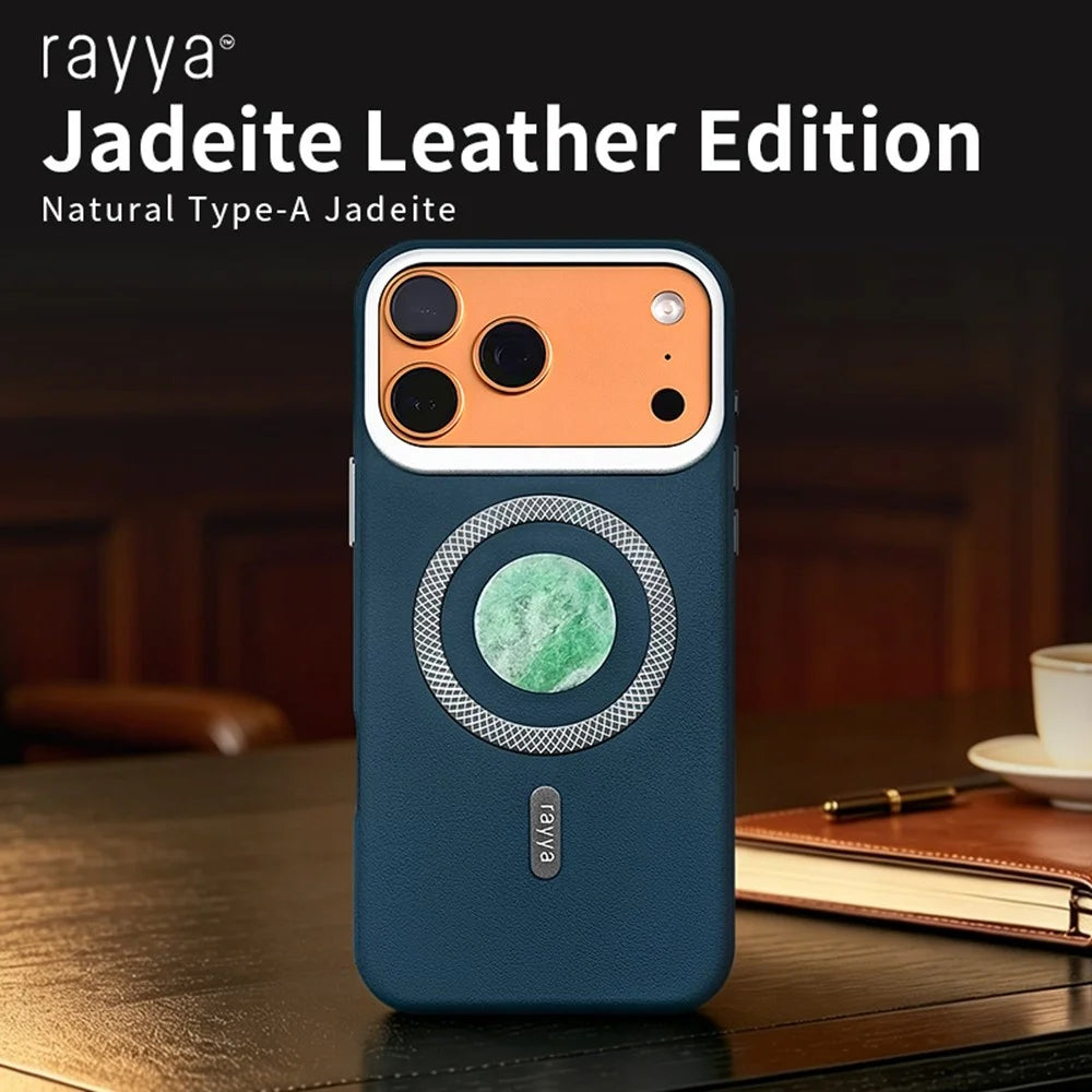 RAYYA For iPhone 17 Pro Max Magnetic Case Jadeite Inlay Leather + PC + TPU Phone Back Cover - Blue - 2