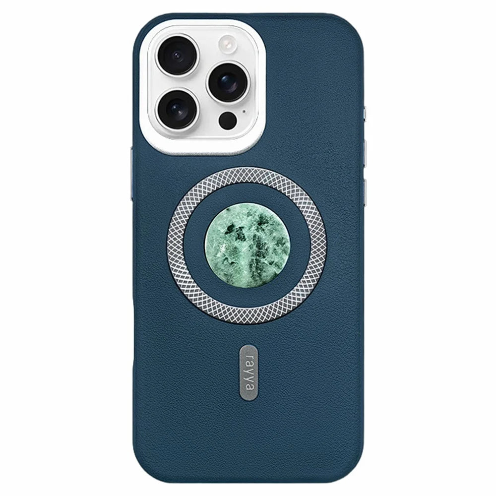 RAYYA For iPhone 16 Pro Magnetic Case Jadeite Inlay Leather + PC + TPU Phone Back Cover - Blue - 1