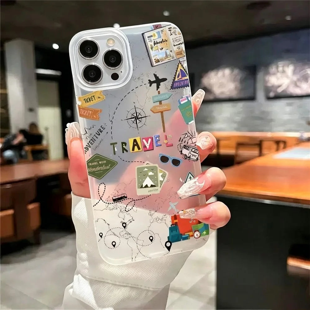 For iPhone 16 Plus Case Travel Map Aircraft Pattern Clear TPU Shockproof Phone Cover - Transparent - 3