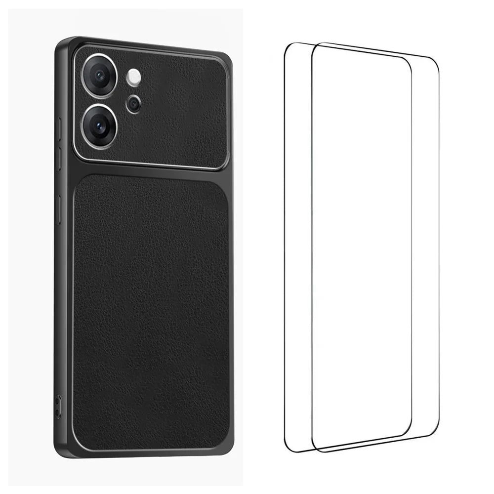 WANLONFENG for Oppo Reno14 F 5G XYP Series Case Lambskin Texture PC TPU Precise Cutouts Phone Cover with 2Pcs Tempered Glass Film - Black - 1