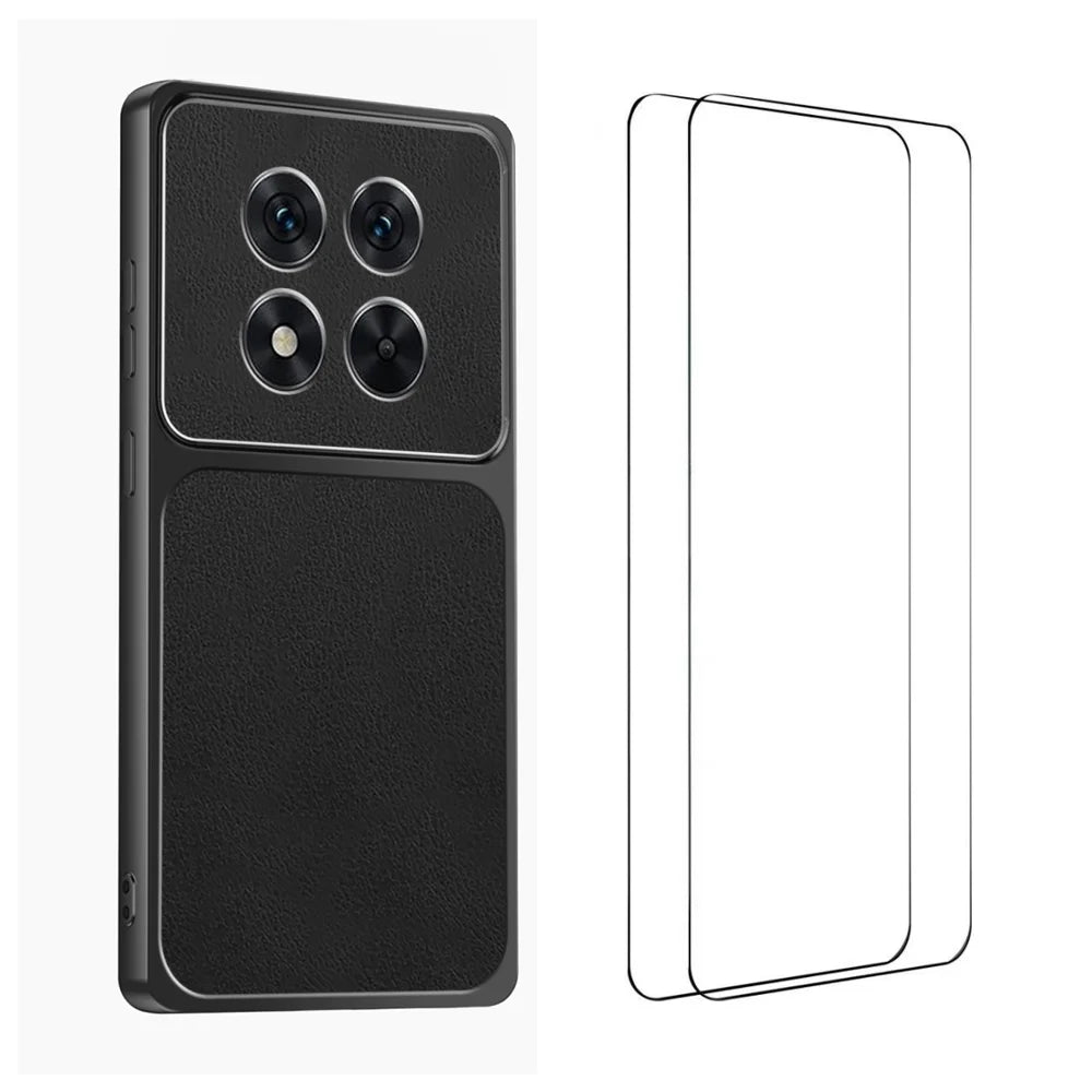 WANLONFENG for Xiaomi Redmi Note 14 Pro+ 5G XYP Series Case Lambskin Texture PC TPU Precise Cutouts Phone Cover with 2Pcs Tempered Glass Film - Black - 1