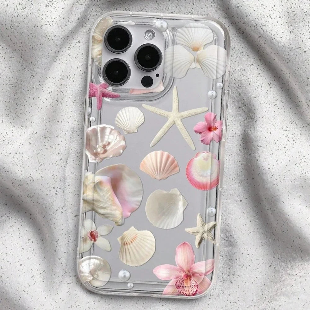 For iPhone 13 Case Floral Starfish Shell Pattern Clear TPU Protective Phone Cover - Pink - 4
