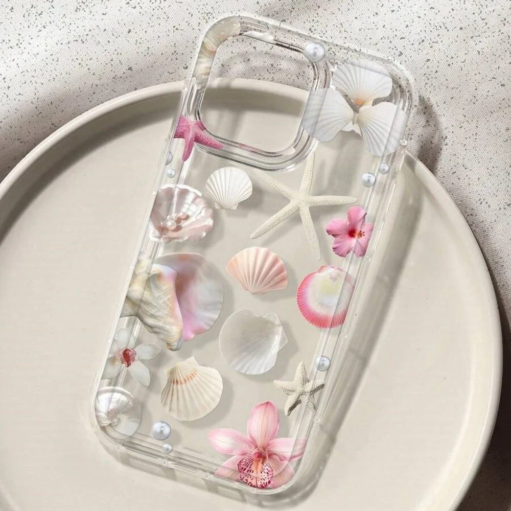 For iPhone 16 Plus Case Floral Starfish Shell Pattern Clear TPU Protective Phone Cover - Pink - 2