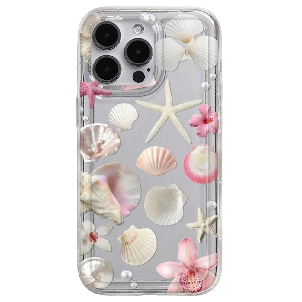 For iPhone 17 Pro Case Floral Starfish Shell Pattern Clear TPU Protective Phone Cover - Pink - 1