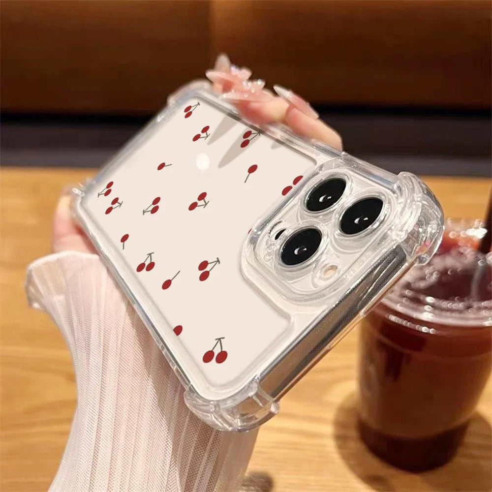 For iPhone 15 Case Cherry Pattern Four Corner Protection Clear TPU Phone Cover - Cherry - 3