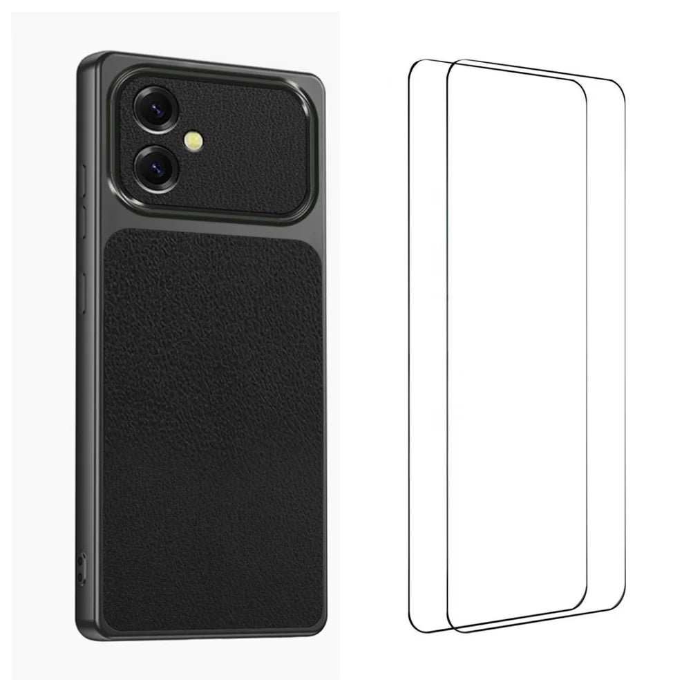 WANLONFENG for Samsung Galaxy A06 4G XYP Series Case Lambskin Texture PC TPU Precise Cutouts Phone Cover with 2Pcs Tempered Glass Film - Black - 1