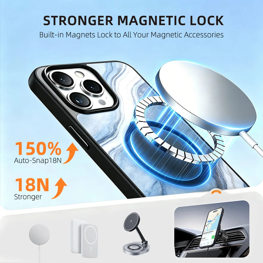 EYCASE for iPhone 16 Pro Magnetic Case Marble Pattern TPU + Acrylic Shockproof Phone Cover - Blue Gold Sand Marble Pattern - 3
