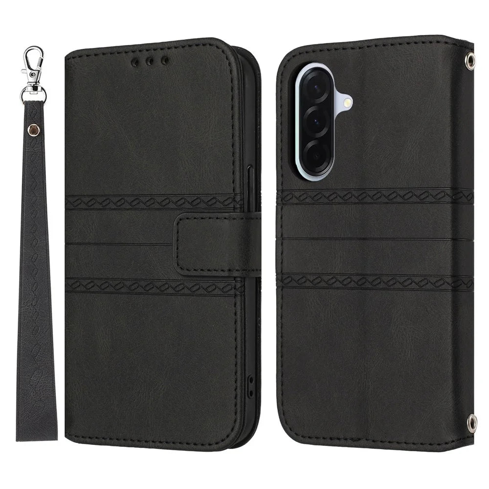 For Samsung Galaxy A27 5G Case Wallet Skin-Touch Leather Imprinted Phone Cover with Wrist Strap - Black - 1