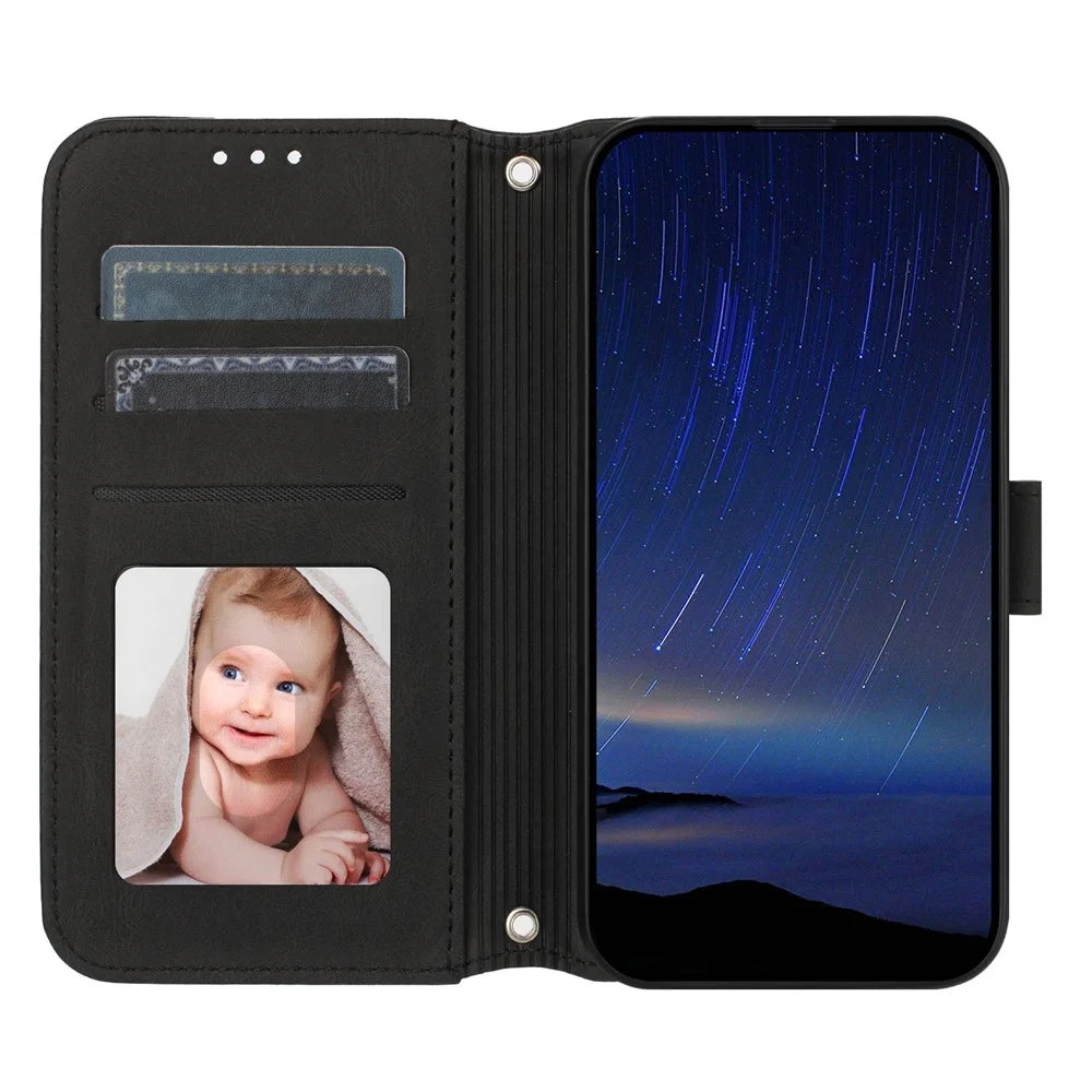 For Samsung Galaxy A27 5G Case Wallet Skin-Touch Leather Imprinted Phone Cover with Wrist Strap - Black - 4