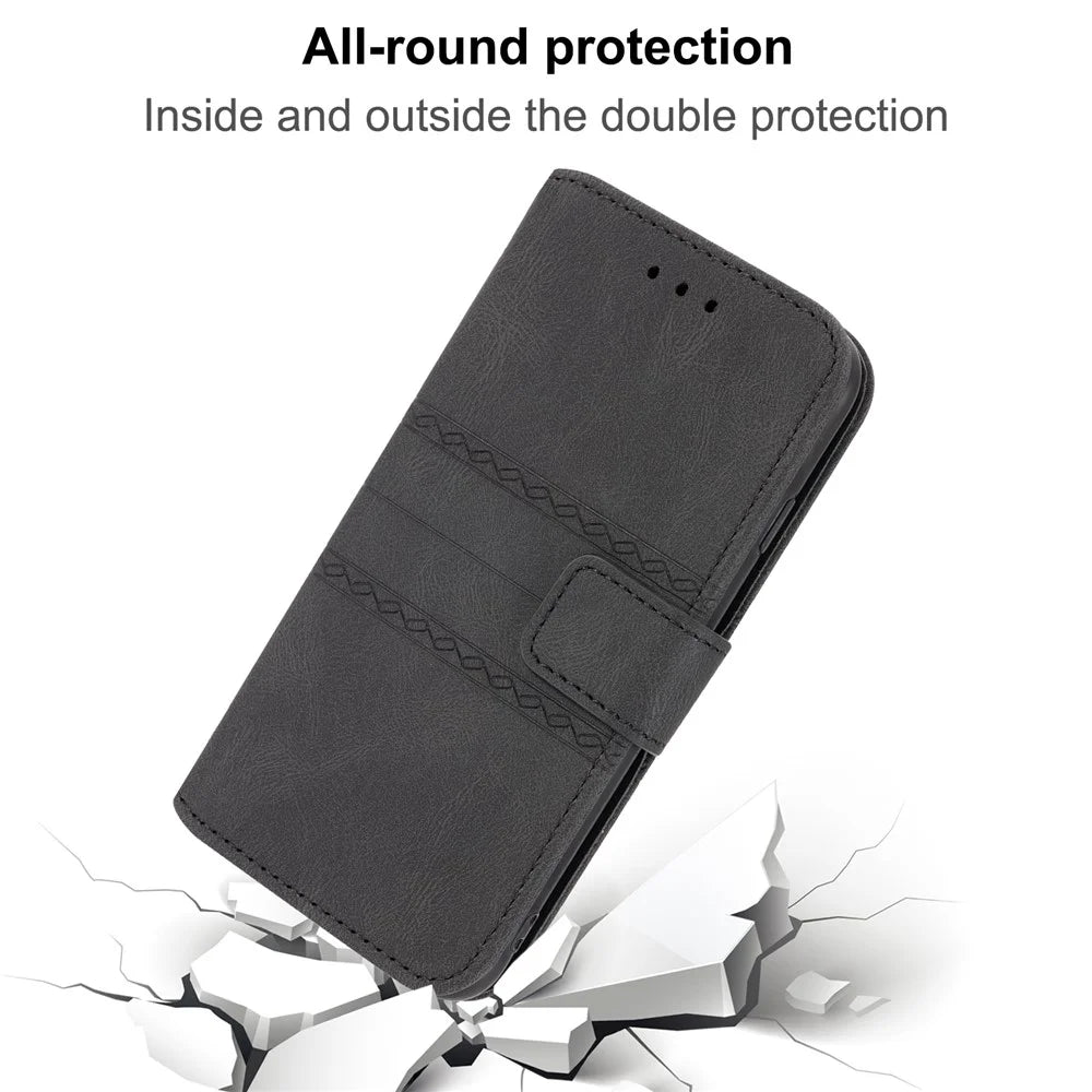 For Samsung Galaxy A27 5G Case Wallet Skin-Touch Leather Imprinted Phone Cover with Wrist Strap - Black - 5