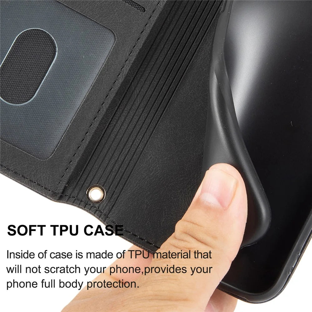 For Samsung Galaxy A27 5G Case Wallet Skin-Touch Leather Imprinted Phone Cover with Wrist Strap - Black - 6