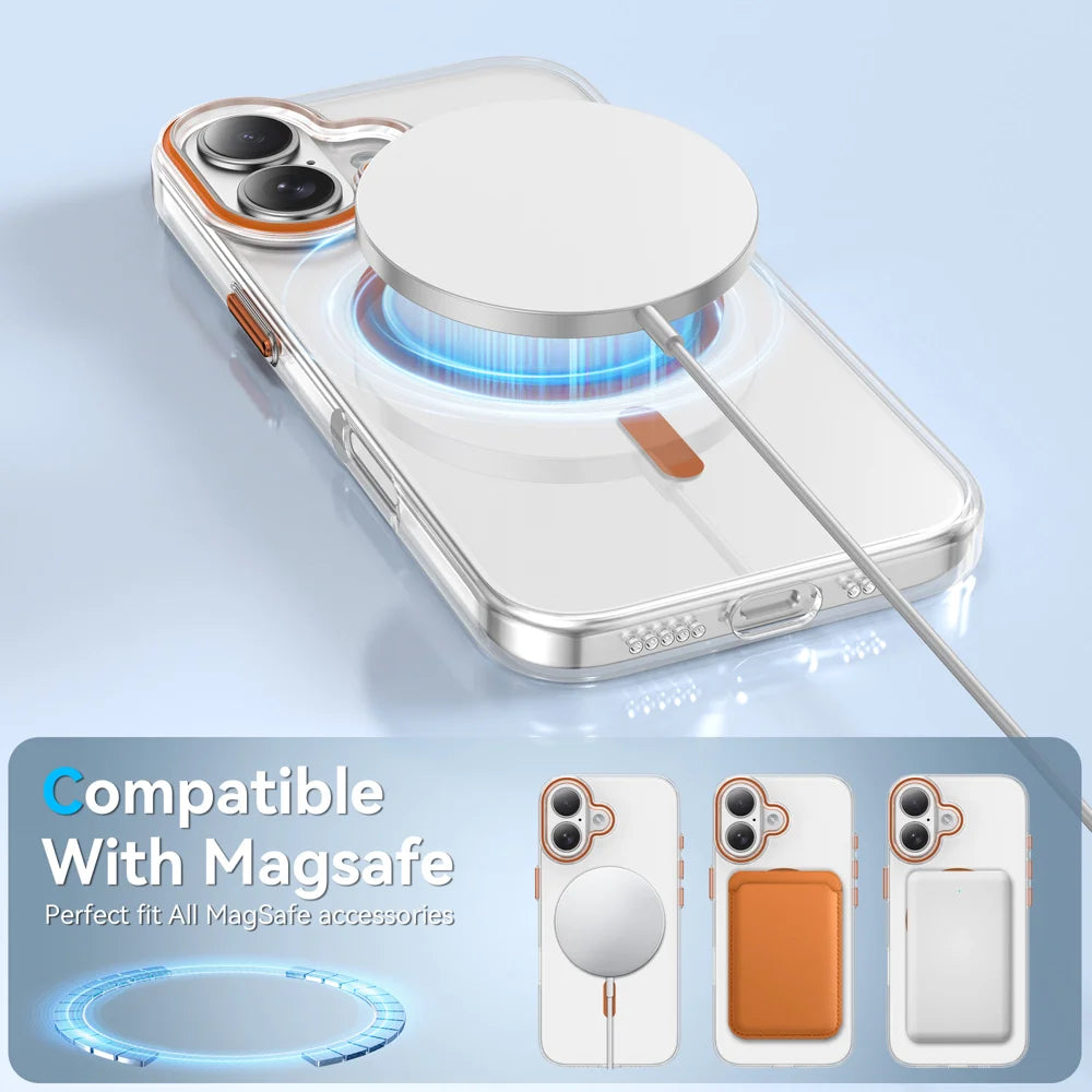 For iPhone 16 Clear Magnetic Case PC Anti Drop Phone Back Cover Compatible with MagSafe - Orange - 3