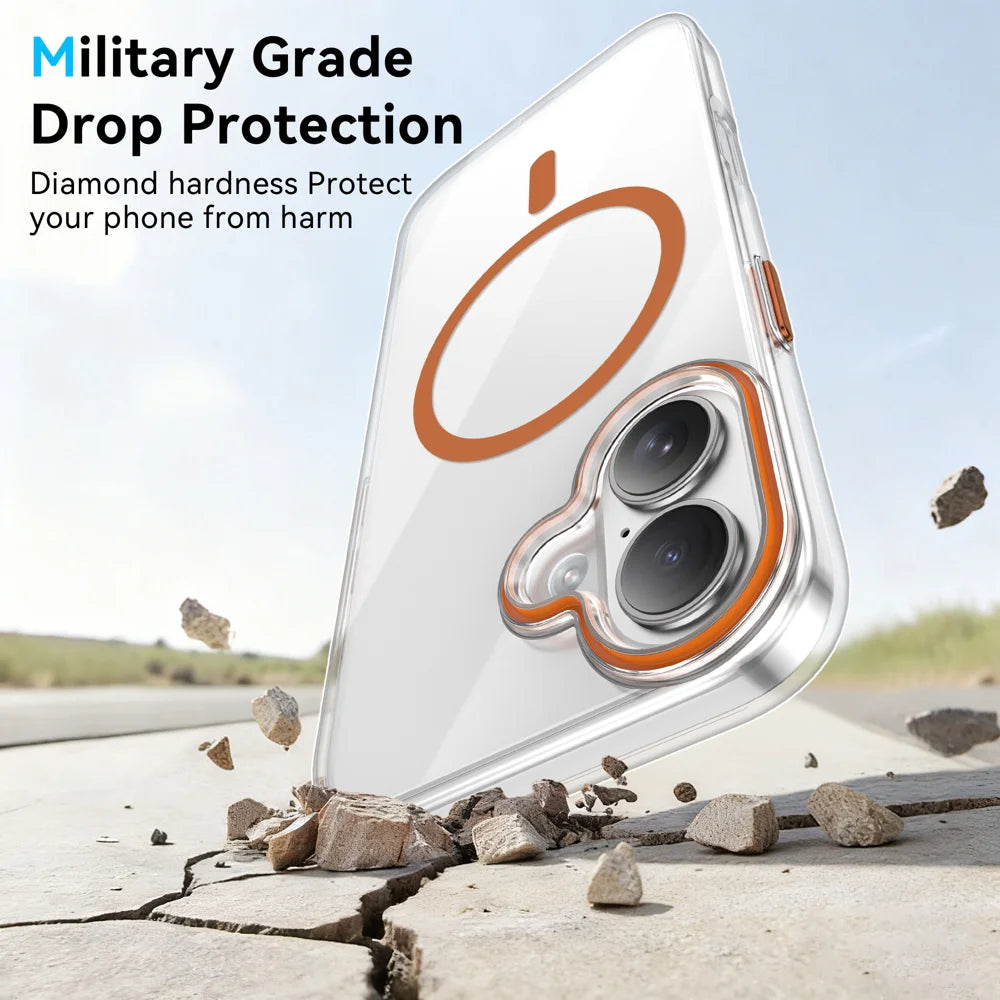 For iPhone 16 Clear Magnetic Case PC Anti Drop Phone Back Cover Compatible with MagSafe - Orange - 4
