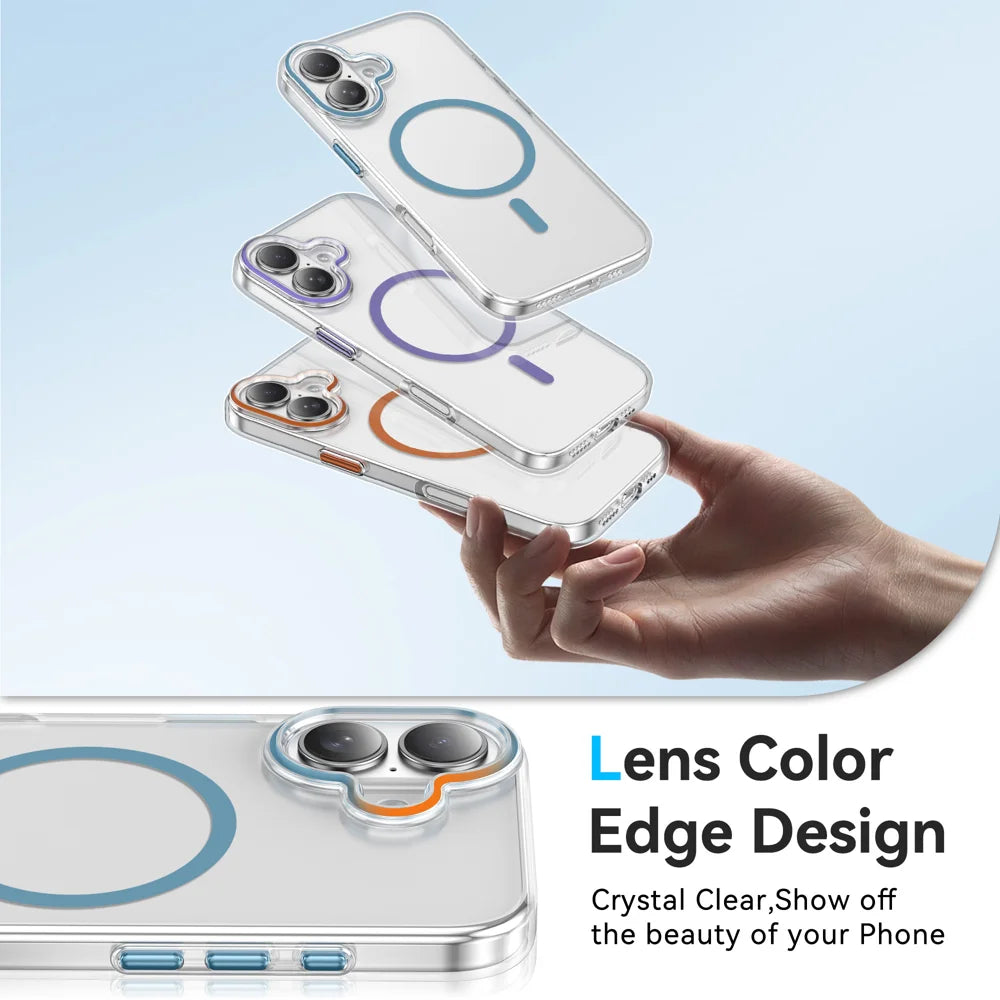 For iPhone 16 Clear Magnetic Case PC Anti Drop Phone Back Cover Compatible with MagSafe - Orange - 5