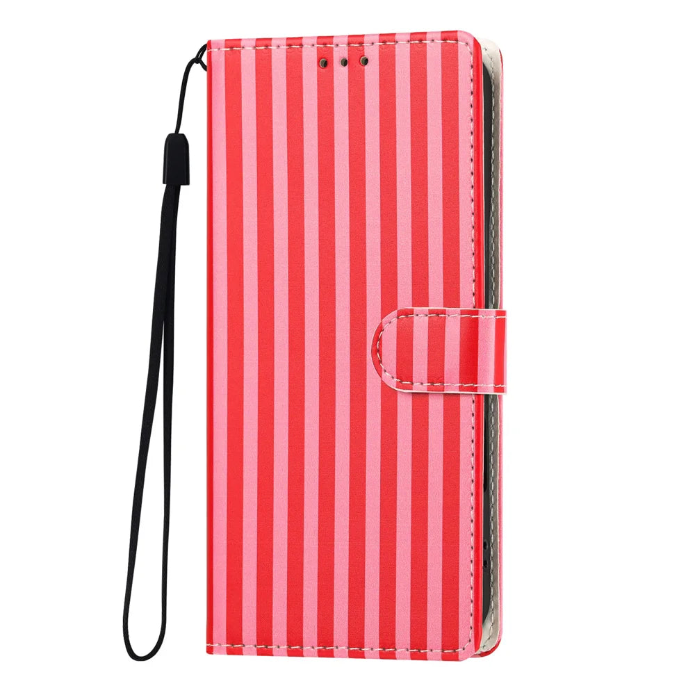 For iPhone 15 Pro Max Wallet Case Vintage Stripes Leather Stand Flip Phone Cover with Wrist Strap - Red - 3