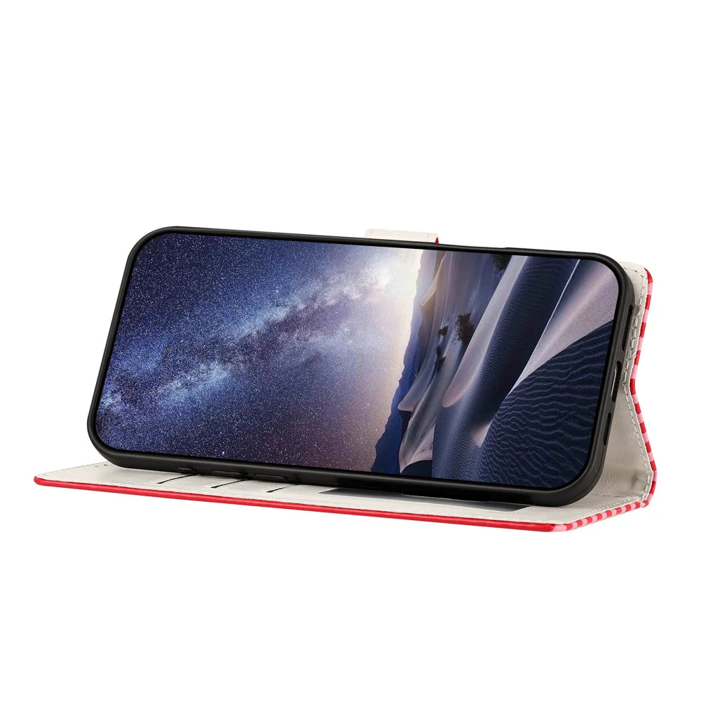 For iPhone 16 Pro Wallet Case Vintage Stripes Leather Stand Flip Phone Cover with Wrist Strap - Red - 6