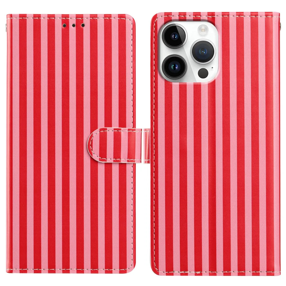 For iPhone 16 Pro Max Wallet Case Vintage Stripes Leather Stand Flip Phone Cover with Wrist Strap - Red - 1