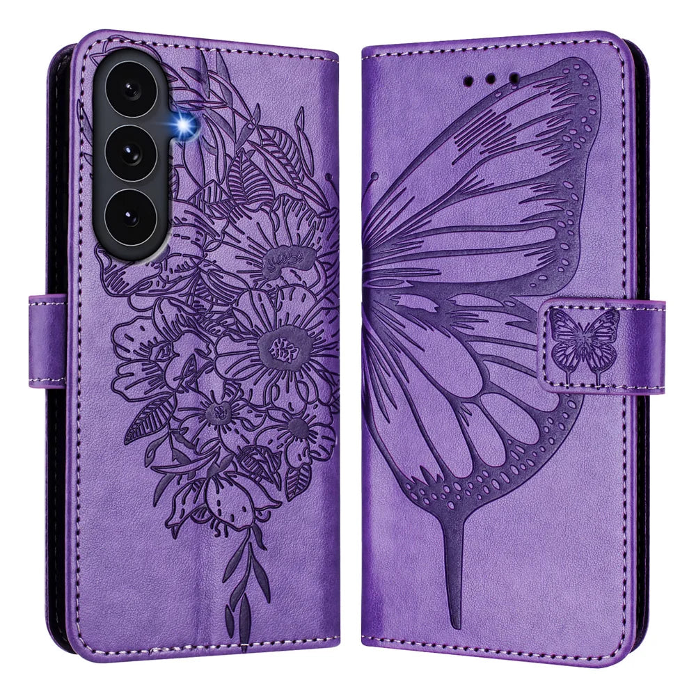 For Samsung Galaxy S26 FE Wallet Case with Wrist Strap Butterfly Imprint Leather Phone Cover - Light Purple - 1