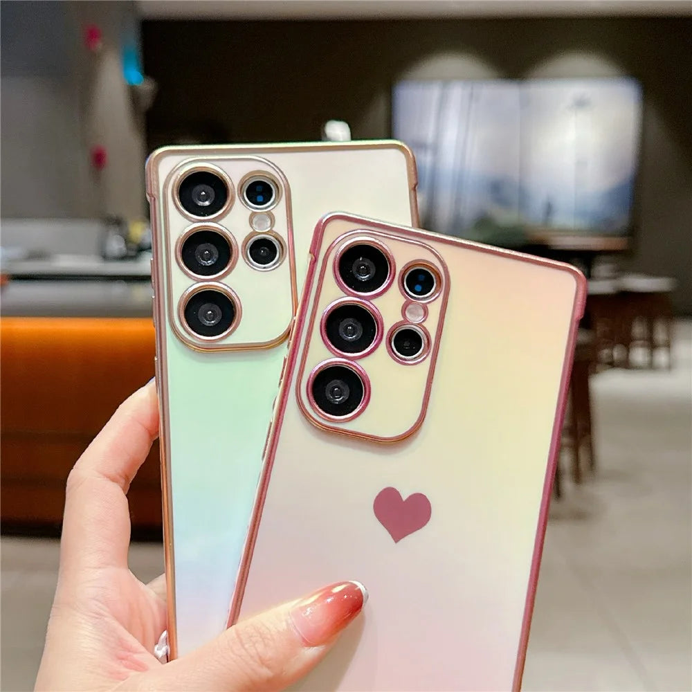 For Samsung Galaxy S25 Ultra Case Heart Pattern Iridescent Gradient TPU Phone Cover with Beaded Strap - Colorful White - 6