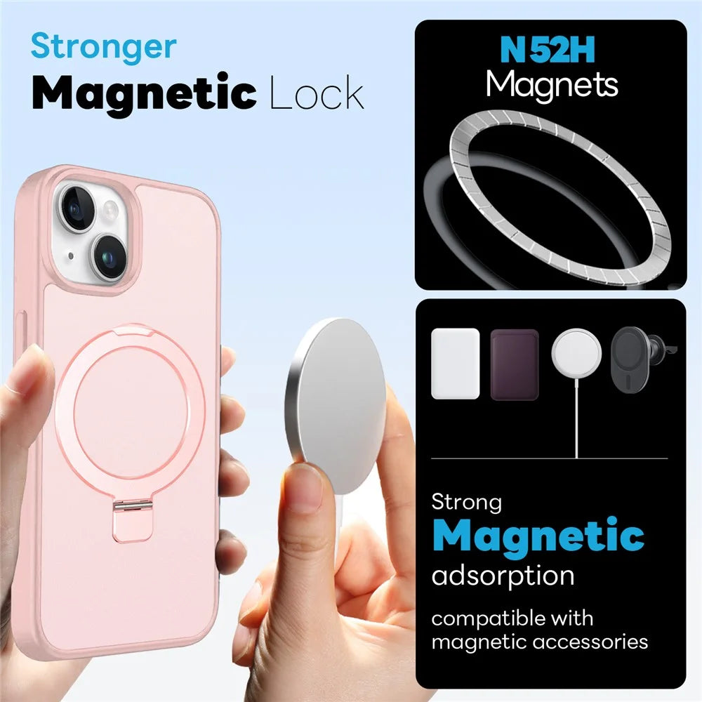 NORTHJO For iPhone 15 Case with Invisible Magnetic O-Ring Stand Compatible with MagSafe Translucent Matte Shockproof Phone Cover with Tempered Glass Film - Pink - 2