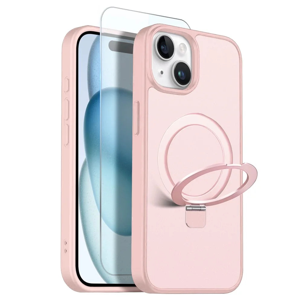NORTHJO For iPhone 15 Plus Case with Invisible Magnetic O-Ring Stand Compatible with MagSafe Translucent Matte Shockproof Phone Cover with Tempered Glass Film - Pink - 1