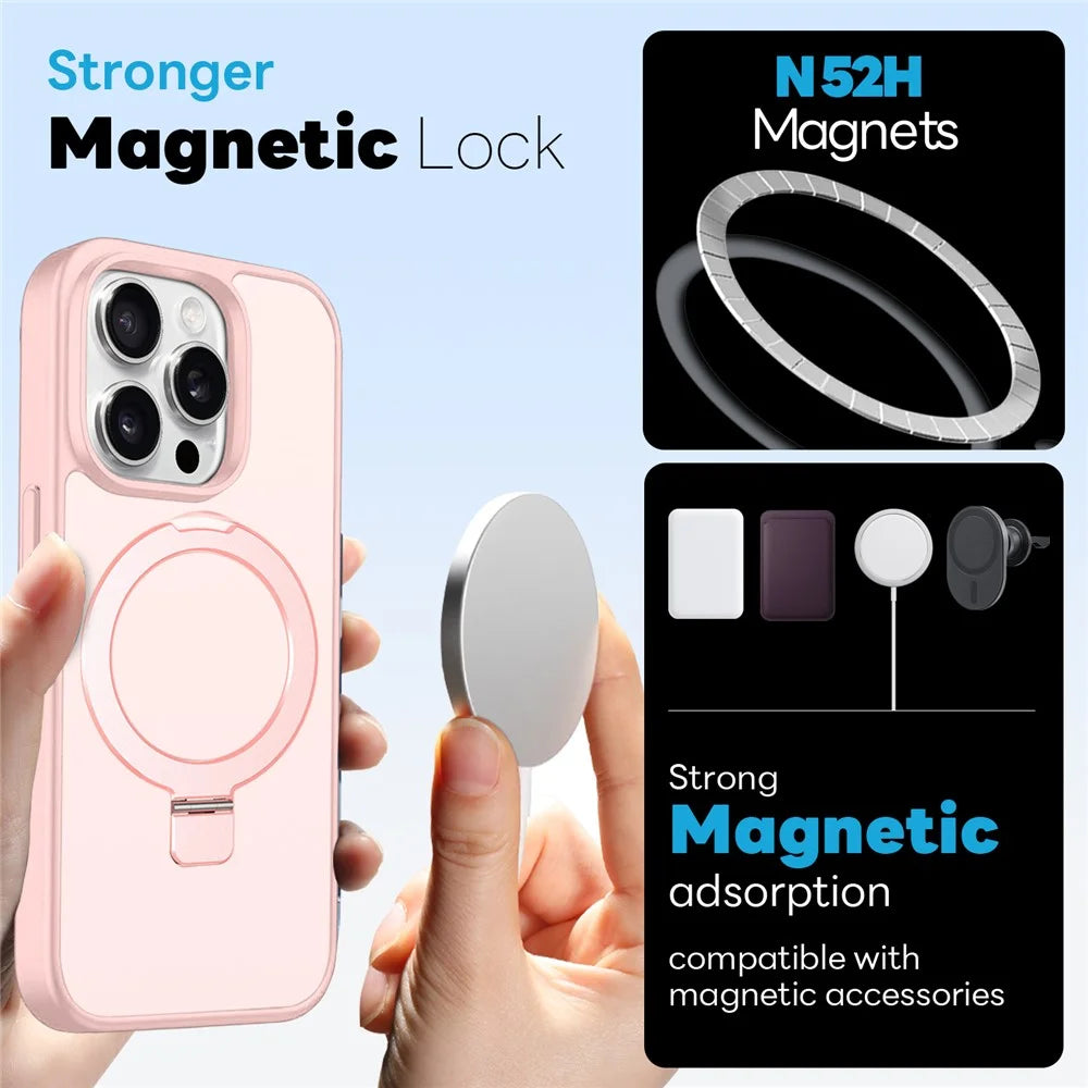 NORTHJO For iPhone 15 Pro Case with Invisible Magnetic O-Ring Stand Compatible with MagSafe Translucent Matte Shockproof Phone Cover with Tempered Glass Film - Pink - 2