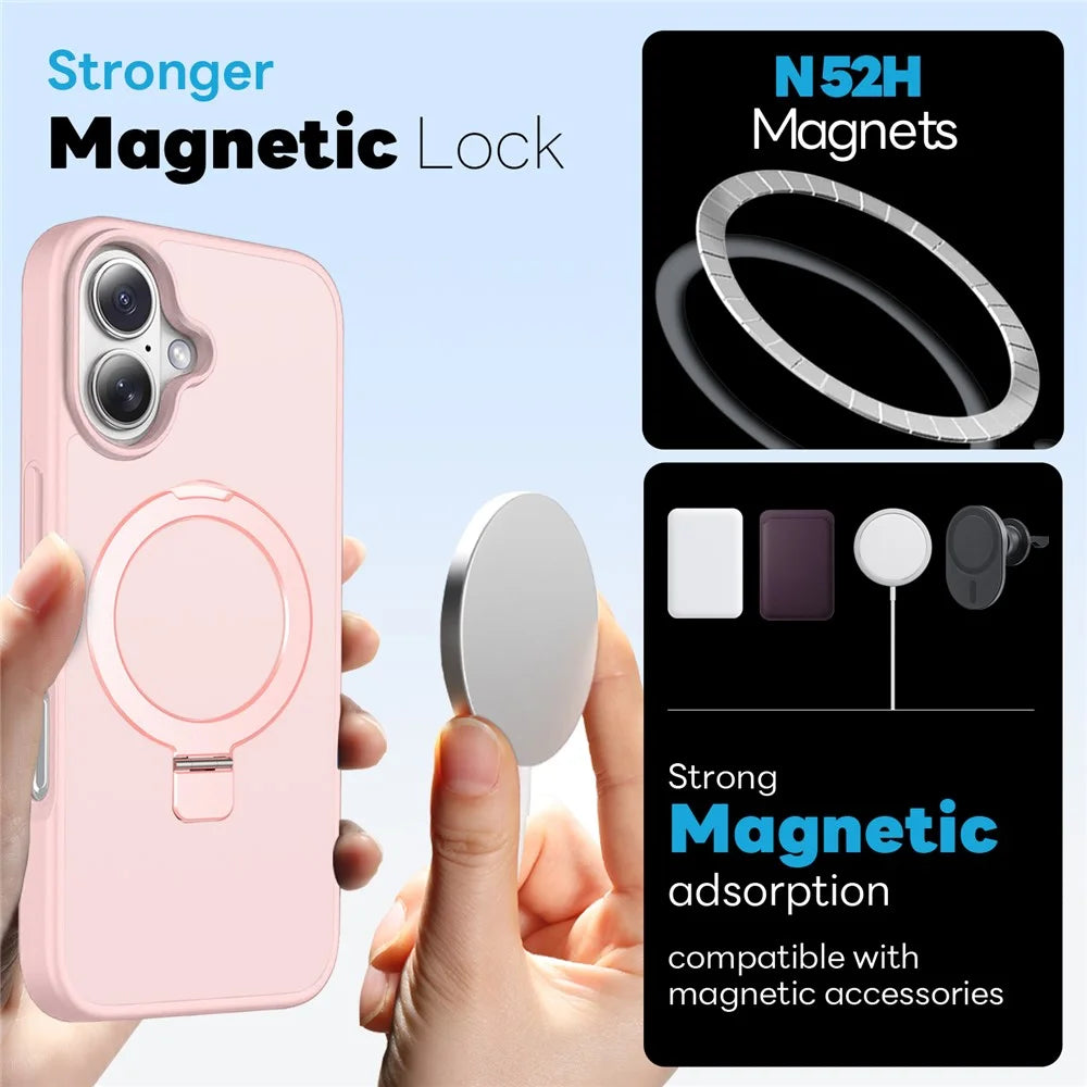NORTHJO For iPhone 16 Plus Case with Magnetic Stand Compatible with MagSafe Translucent Matte Shockproof Phone Cover with 2Pcs Tempered Glass Protector + 2Pcs Lens Film - Pink - 2