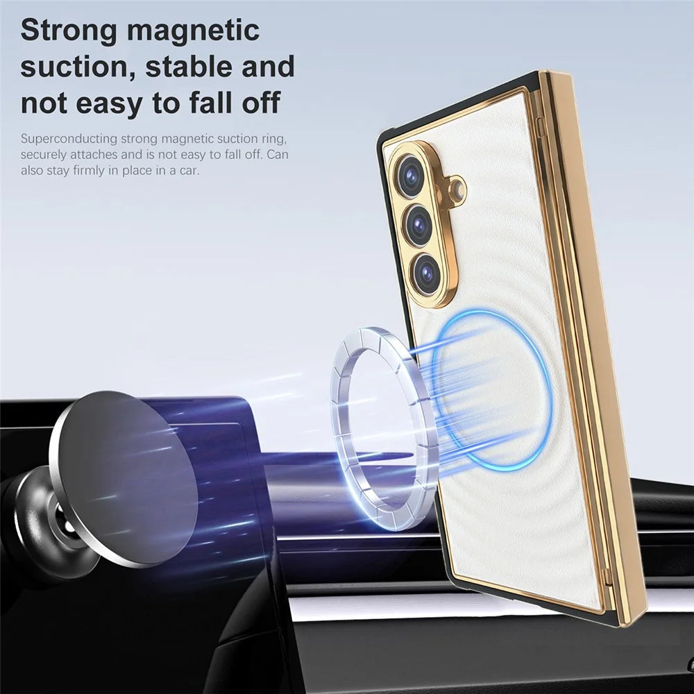 For Samsung Galaxy Z Fold8 Ultra Magnetic Case Leather Coated TPU PC Phone Cover with Tempered Glass Film - White - 4