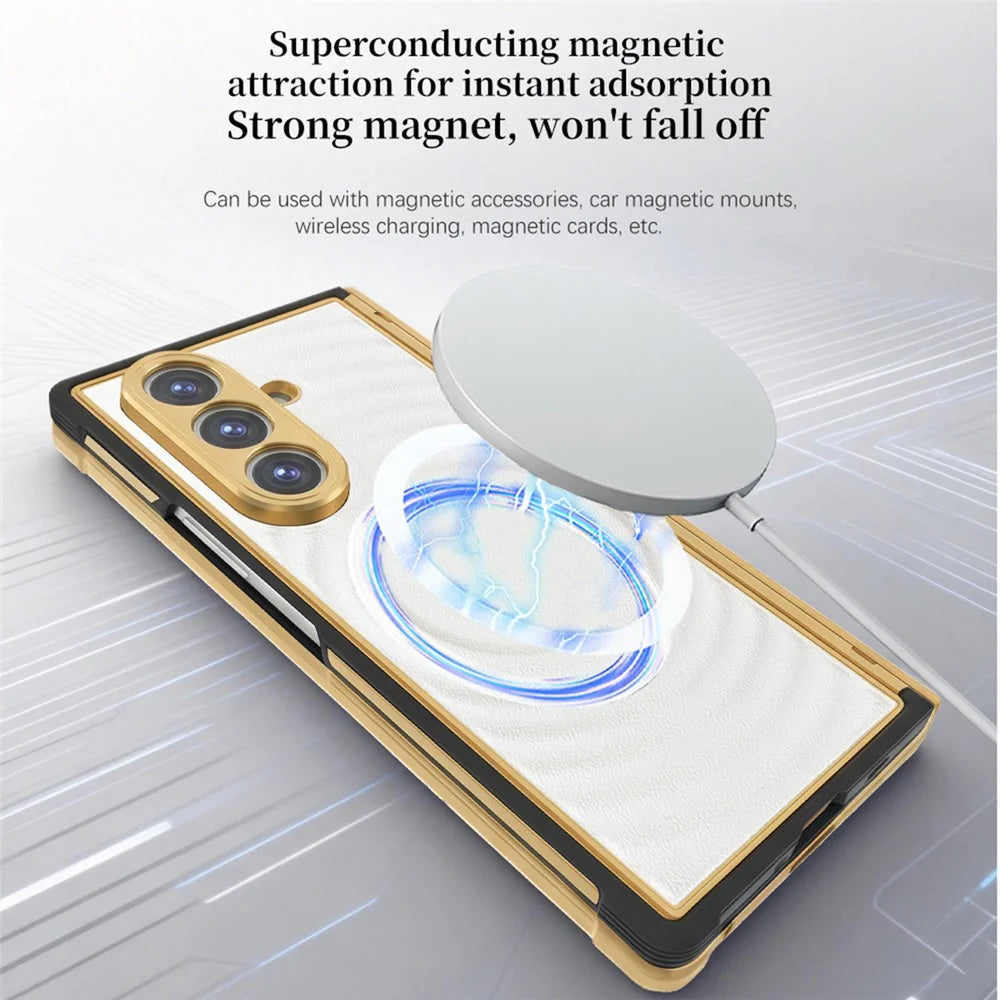 For Samsung Galaxy Z Fold8 Ultra Magnetic Case Leather Coated TPU PC Phone Cover with Tempered Glass Film - White - 5