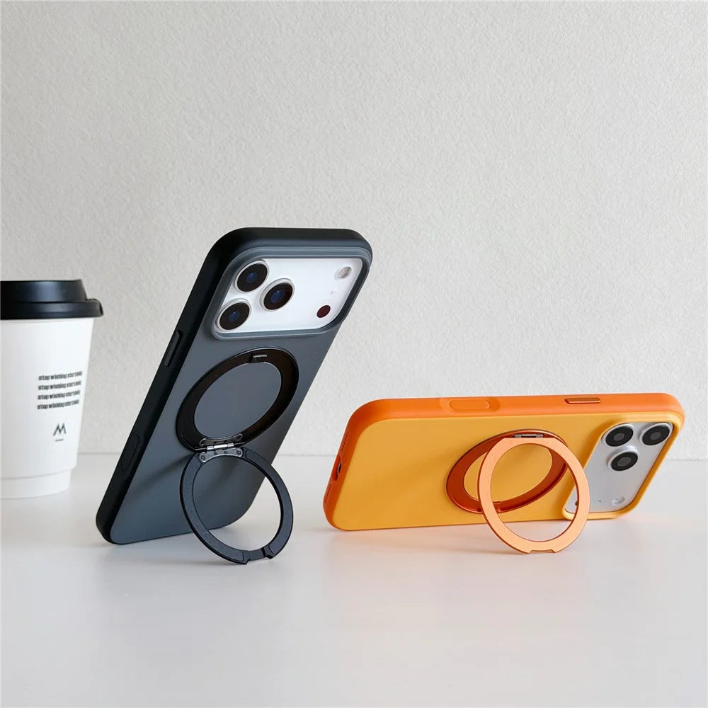 For iPhone 17 Pro Max Magnetic Case 2-in-1 Dual Color Shockproof Cover with 360° Rotating Ring Kickstand - Orange - 4