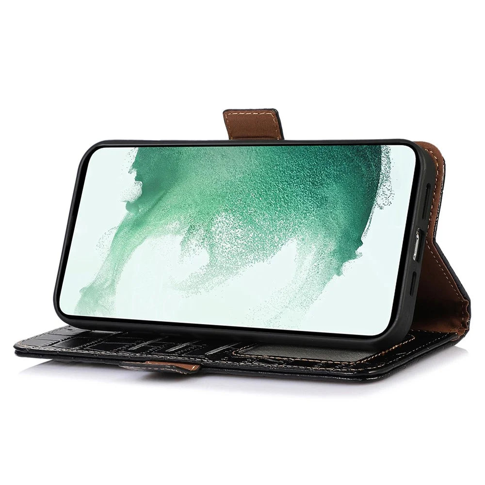 For Samsung Galaxy A04e 4G / F04 4G / M04 4G RFID Blocking Flip Phone Wallet Case Crocodile Texture Genuine Cowhide Leather Stand Drop-proof Phone Cover - Black - 3
