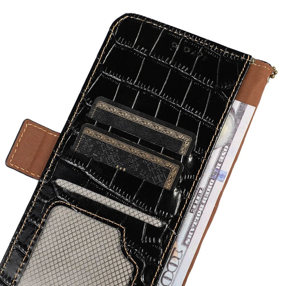 For Samsung Galaxy A04e 4G / F04 4G / M04 4G RFID Blocking Flip Phone Wallet Case Crocodile Texture Genuine Cowhide Leather Stand Drop-proof Phone Cover - Black - 6