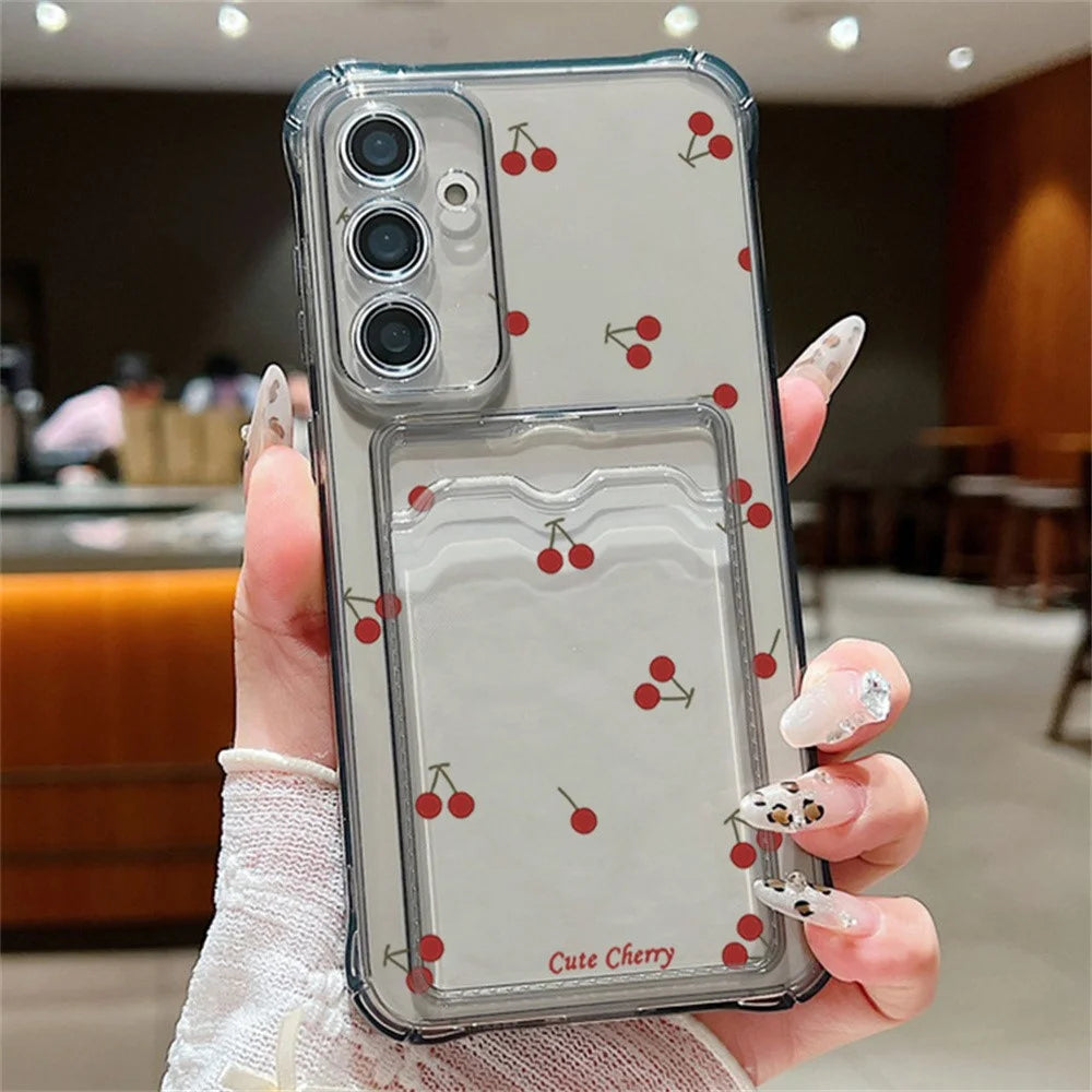 For Samsung Galaxy S26 Case Cherry Pattern Clear TPU Protective Phone Cover with Card Holder - A730G - 1