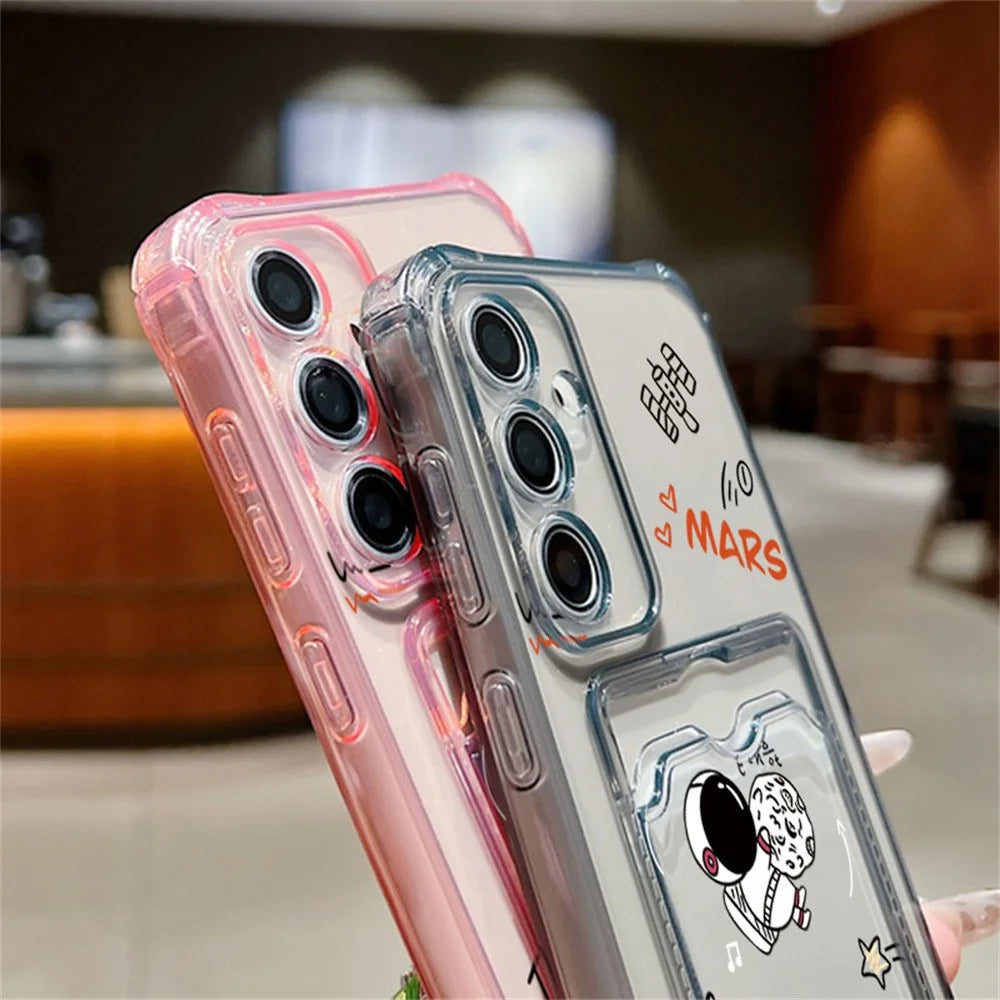 For Samsung Galaxy S25 Case Astronaut Space Cartoon Pattern 4-Corner Shockproof TPU Phone Cover with Card Slot - Light Grey - 3