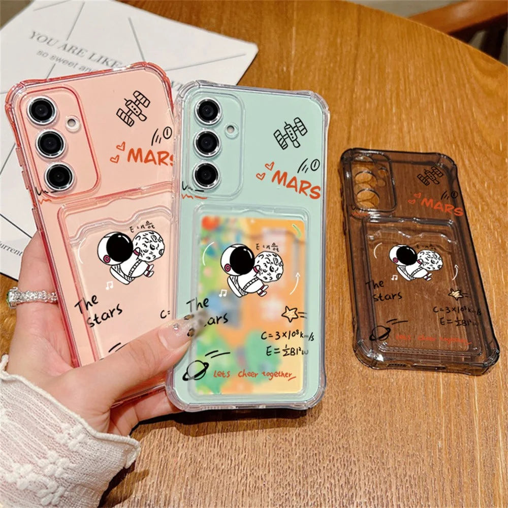 For Samsung Galaxy S25 Case Astronaut Space Cartoon Pattern 4-Corner Shockproof TPU Phone Cover with Card Slot - Light Grey - 5