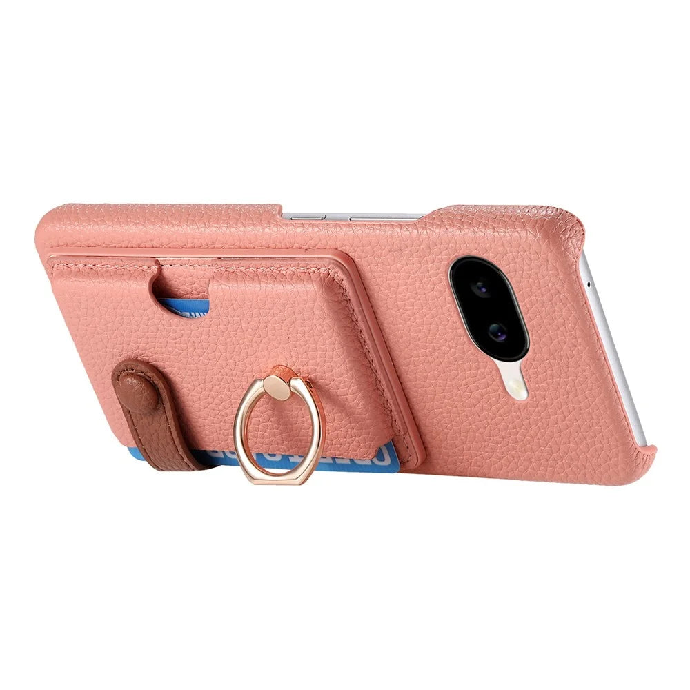 For Google Pixel 10a Leather Phone Back Cover with Card Holder and Ring Kickstand - Pink - 2
